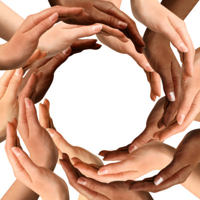 Conceptual symbol of multiracial human hands making a circle on white background with a copy space in the middle